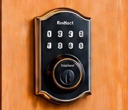 Keyless smart door lock on a wooden front door